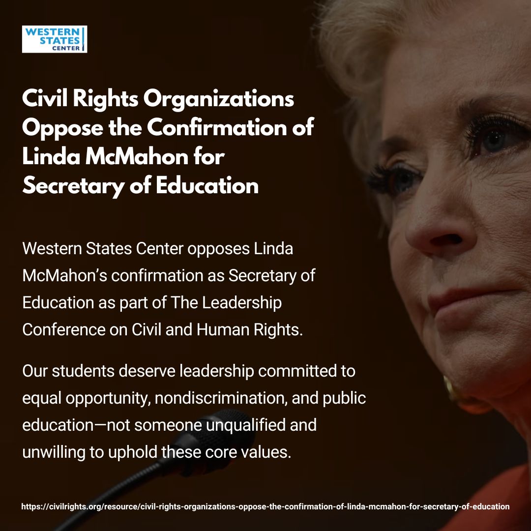 We oppose Linda McMahon’s confirmation as Secretary of Education as part of <a href="/civilrightsorg/">The Leadership Conference</a> 🛑 Our students deserve leadership committed to civil rights &amp; public education—not someone who undermines both! 🔗 bit.ly/no2linda 🔗