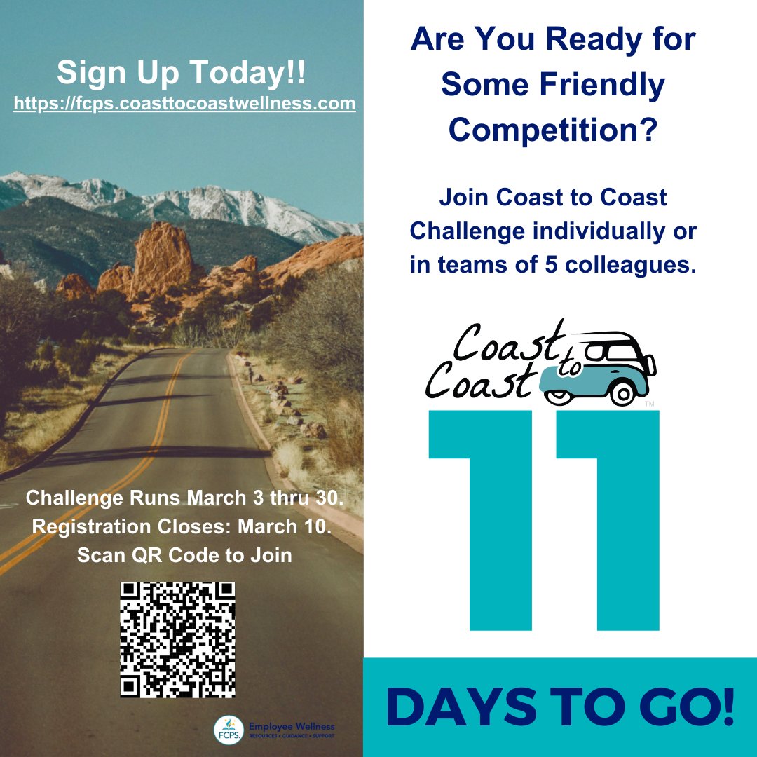 FCPS Employee Wellness (@fcpswellness) on Twitter photo Feb 20
Coast to Coast Spring Challenge
Join Today: fcps.coasttocoastwellness.com
To learn more, watch the Coast to Coast video at tinyurl.com/2s4f3hdp
Don't miss out on the adventure!
<a href="/FCPSWellness/">FCPS Employee Wellness</a>
#CoasttoCoastChallenge #LetsGo Feb 20
Coast to Coast Spring Challenge
Join Today: fcps.coasttocoastwellness.com
To learn more, watch the Coast to Coast video at tinyurl.com/2s4f3hdp
Don't miss out on the adventure!
<a href="/FCPSWellness/">FCPS Employee Wellness</a>
#CoasttoCoastChallenge #LetsGo