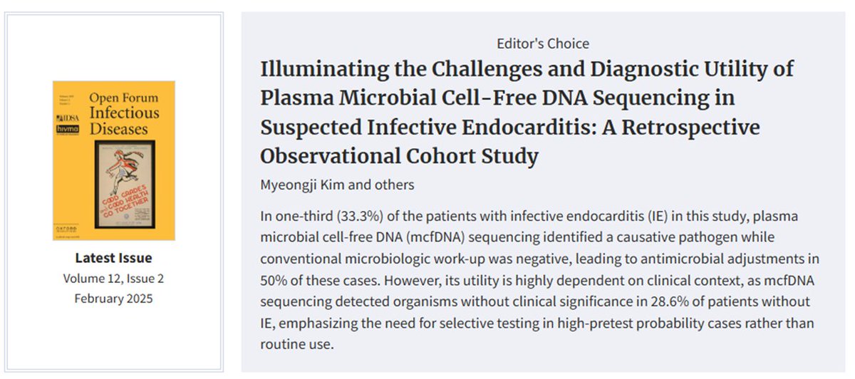 Mayo Clinic Infectious Diseases (@mayoclinicinfd) on Twitter photo Publication Alert
What is the role of plasma microbial cell-free DNA sequencing in suspected infective endocarditis? <a href="/omarabusaleh15/">omar abu saleh</a> <a href="/SofiaMolina1992/">Sofia Molina</a> <a href="/OFIDJournal/">Open Forum Infectious Diseases</a> <a href="/ZYetmar/">Zach Yetmar</a>
bit.ly/4i4OIWL Publication Alert
What is the role of plasma microbial cell-free DNA sequencing in suspected infective endocarditis? <a href="/omarabusaleh15/">omar abu saleh</a> <a href="/SofiaMolina1992/">Sofia Molina</a> <a href="/OFIDJournal/">Open Forum Infectious Diseases</a> <a href="/ZYetmar/">Zach Yetmar</a>
bit.ly/4i4OIWL