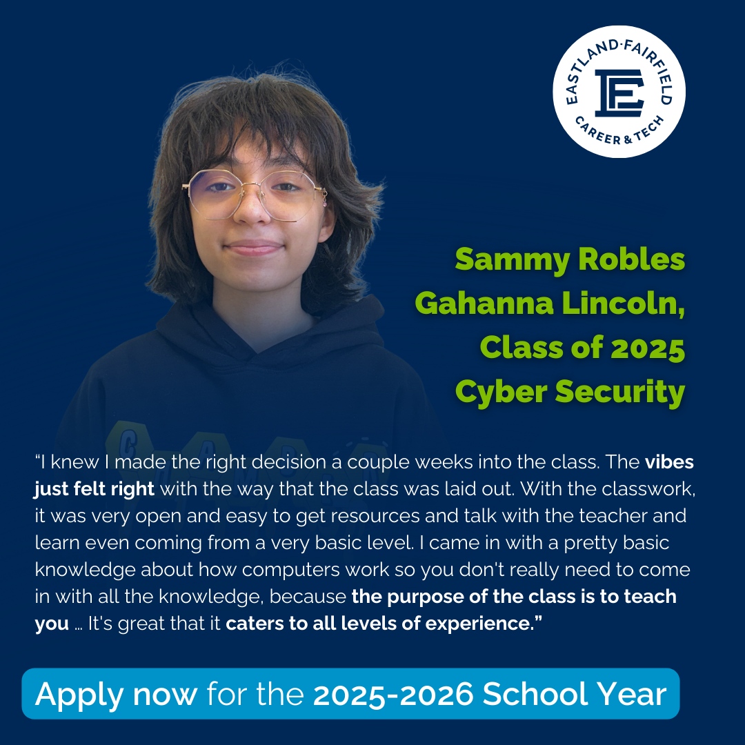 Sammy, a Class of 2025 student from Gahanna Lincoln, loves the hands-on learning and supportive environment in our Cyber Security program! 

📌 Don’t wait - secure your spot for the 2025-2026 school year today! EastlandFairfield.com/apply

#YourFutureOurFocus