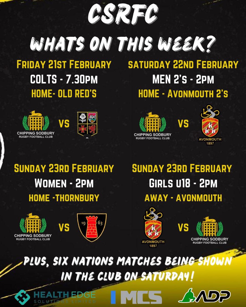 Chipping Sodbury RFC (@csrfctweets) on Twitter photo This weekends games at CSRFC starting with Friday night lights game for our colts at home against <a href="/OldRedsRFC/">Old Redcliffians RFC</a> colts.
<a href="/swsportsnews/">South West Sports News</a> <a href="/GRFUrugby/">#GRFU</a> <a href="/local_rugby/">Local Gloucester Club Rugby</a> <a href="/BSDistrictRugby/">Bristol & District Rugby Football Combination</a> <a href="/YateAcademyPE/">Yate Academy PE</a> <a href="/KLBSport/">KLB Sport</a> <a href="/fyb_rugby/">Fill Your Boots 🏉</a>
Bar will be open Friday and Saturday & 6nations will be on..🍺🏉 This weekends games at CSRFC starting with Friday night lights game for our colts at home against <a href="/OldRedsRFC/">Old Redcliffians RFC</a> colts.
<a href="/swsportsnews/">South West Sports News</a> <a href="/GRFUrugby/">#GRFU</a> <a href="/local_rugby/">Local Gloucester Club Rugby</a> <a href="/BSDistrictRugby/">Bristol & District Rugby Football Combination</a> <a href="/YateAcademyPE/">Yate Academy PE</a> <a href="/KLBSport/">KLB Sport</a> <a href="/fyb_rugby/">Fill Your Boots 🏉</a>
Bar will be open Friday and Saturday & 6nations will be on..🍺🏉