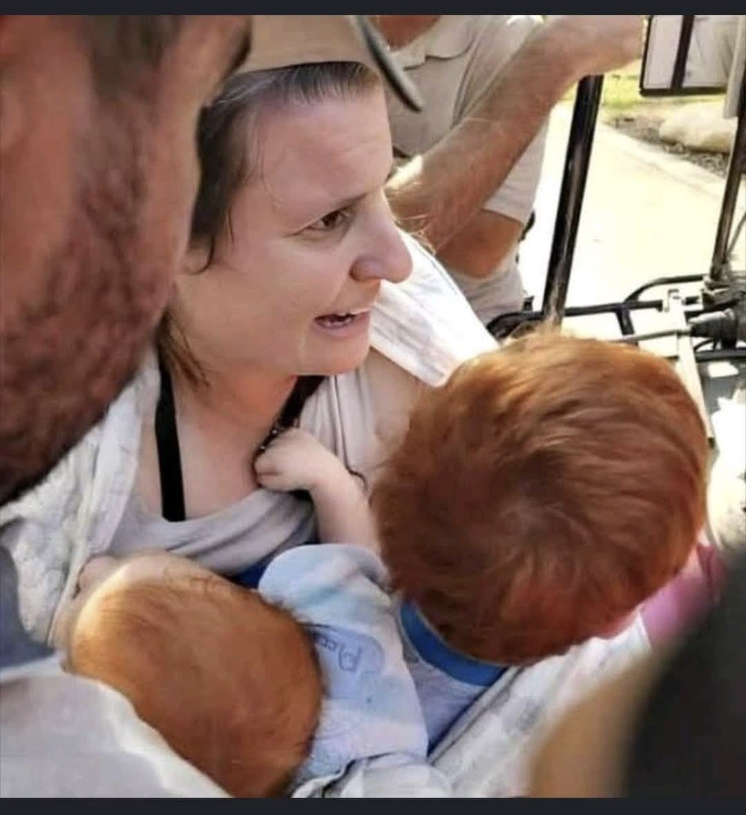 I can’t breathe 💔. A mother kidnapped with her baby and toddler. From her home. In pyjamas. Trying to protect.Killed. Put on stage, kids in adult size coffins not to remind the Gazans that they murdered them. #NeverForget  #freepalestine from Hamas  instagram.com/stories/ram.sh…