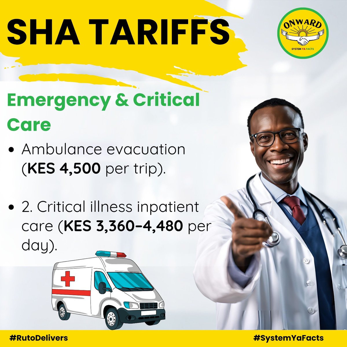 WilliamsMkenya's tweet photo. SHA provides emergency and critical care services, including affordable ambulance evacuation and critical illness inpatient care. It also ensures timely assistance and quality care during urgent health situations. Transformation you can feel with #SHATariffs 🚑⚕️💙 https://t.co/KEfkpJqNbP