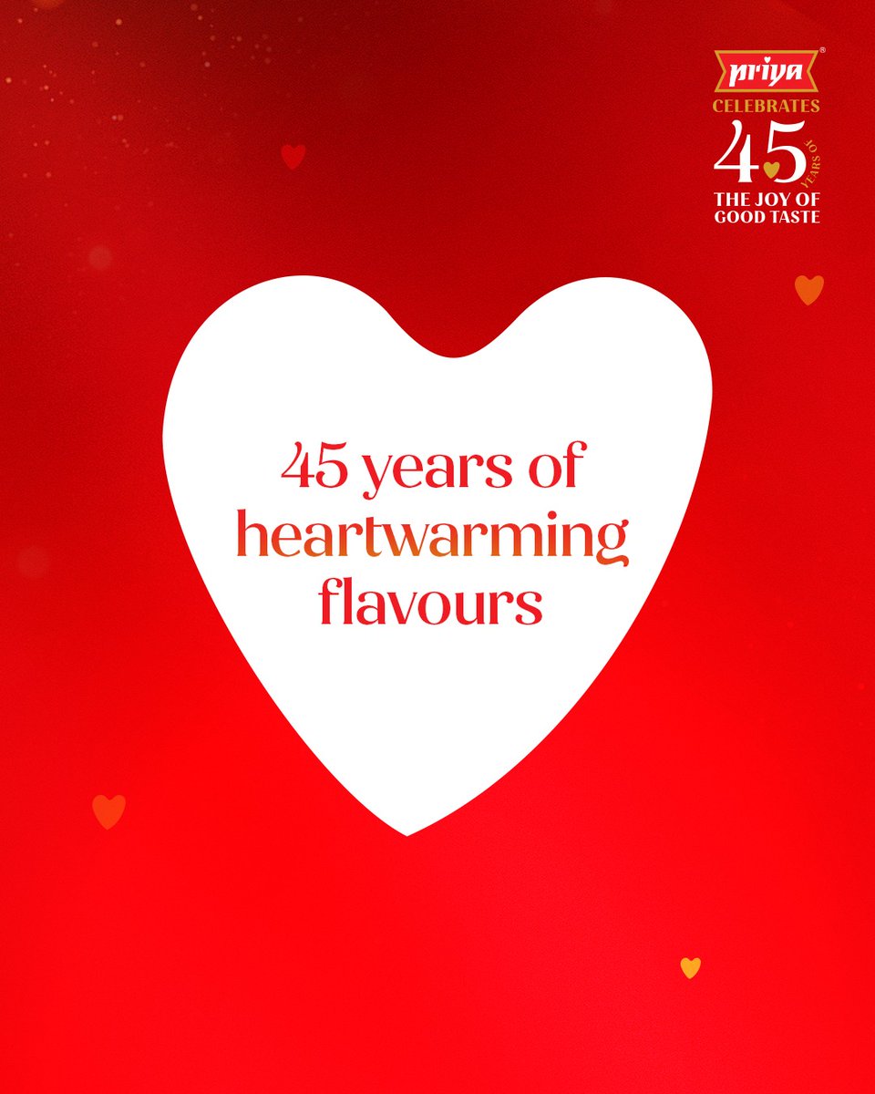 For 45 years, Priya Foods has been bringing the authentic taste of home to the world, crafted with love and tradition. In return, we’ve been embraced with immense love and trust from generations of families who cherish our flavours.

#45YearsOfJoyOfGoodTaste