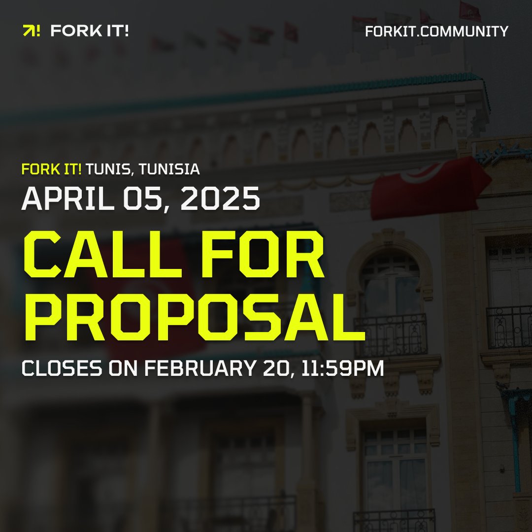 ForkitCommunity's tweet image. ⏳ Last day to submit your talk for Fork It! Tunis 2025!

We&apos;re open to all kinds of topics—what matters is sharing real experiences! 🚀

The #CFP closes today—don’t miss your chance! 👉 conference-hall.io/fork-it-commun…

#ForkIt2025 #TechEven #ExperienceSharing #DevCommunity