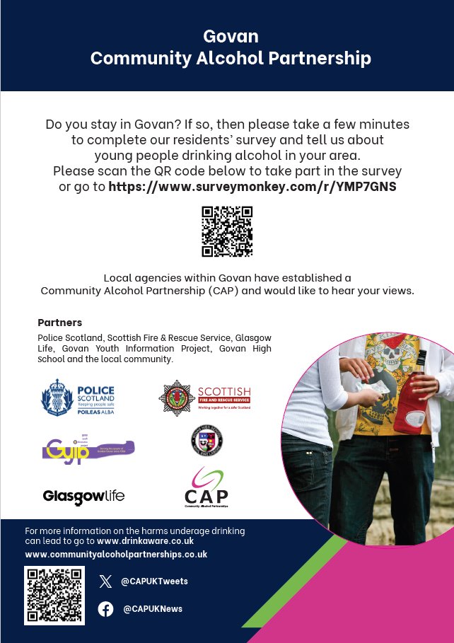Do you stay in the Govan area? If so, please take 2 minutes to complete our anonymous online survey about young people &amp; alcohol in your area by visiting orlo.uk/TFjkO or by scanning the QR code in the attached photo.