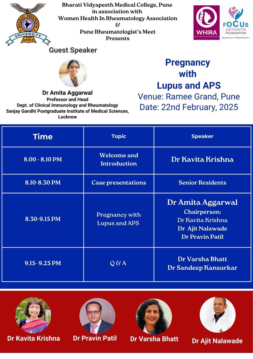 Dr. Kavita Krishna (@kavitak1967) on Twitter photo Bharati Hospital invite:
Topic: Pregnancy with Lupus and APS
Speaker - Dr. Amita Agarwal
Time: Feb 22, 2025 07:45 PM India
lnkd.in/g3-AmMNz
Meeting ID: 940 0340 2986
Passcode: 428944
#Rheumtwitter
#Medtwitter
<a href="/Therheumadoc/">srilakshmi sathiya</a>
<a href="/deepti_pramod/">Deepti Agarwal</a>
<a href="/AkankshaKapo/">akankshak</a>
<a href="/shyam83409483/">mohshyam</a> Bharati Hospital invite:
Topic: Pregnancy with Lupus and APS
Speaker - Dr. Amita Agarwal
Time: Feb 22, 2025 07:45 PM India
lnkd.in/g3-AmMNz
Meeting ID: 940 0340 2986
Passcode: 428944
#Rheumtwitter
#Medtwitter
<a href="/Therheumadoc/">srilakshmi sathiya</a>
<a href="/deepti_pramod/">Deepti Agarwal</a>
<a href="/AkankshaKapo/">akankshak</a>
<a href="/shyam83409483/">mohshyam</a>
