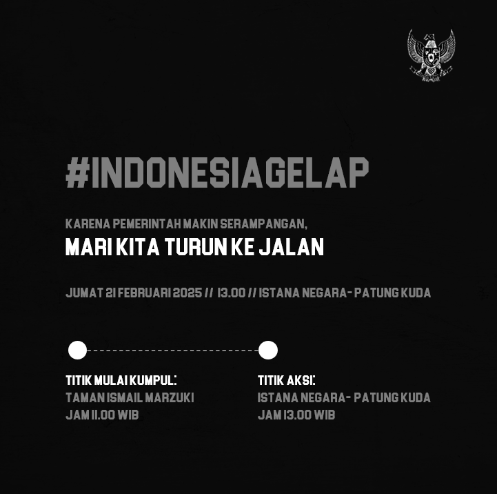 barengwarga's tweet photo. Malam Warga! Mimin bagikan informasi untuk titik kumpul aksi besok (21-2-2025) ya. Bagi teman-teman yang muslim bisa sholat Jumat dulu di TIM lalu kita barengan menuju Istana-Patung Kuda.

Beberapa hal perlu diperhatikan sebelum, selama, dan sesudah aksi. Mimin bagikan di twit selanjutnya ya.
