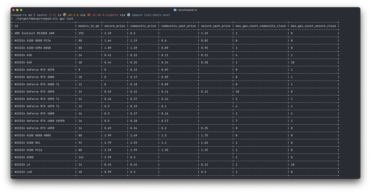wip: runpod-rs
use rust to scrape prices/availability and boot/terminate instances
free cli tool!