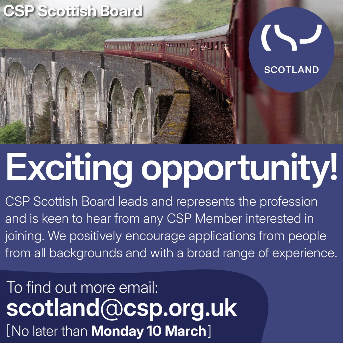 Calling all members in <a href="/CSPScot/">CSP Scotland</a> - exciting opportunity to join <a href="/ScotBoardCSP/">CSP Scottish Board</a> :