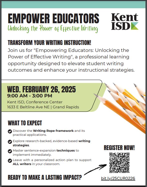 reading3sarah's tweet photo. Free Writing PD - Join us next week!
Wednesday, 02/26/25
9am-3pm at @kentisd Conference Center
Perfect for Classroom Teachers, Instructional Coaches, Grade Level Chairs, &amp; Administration eager to take their writing practices forward. #MichiganLiteracy
https://t.co/GbgSkdeO7f https://t.co/vshXZahYQn