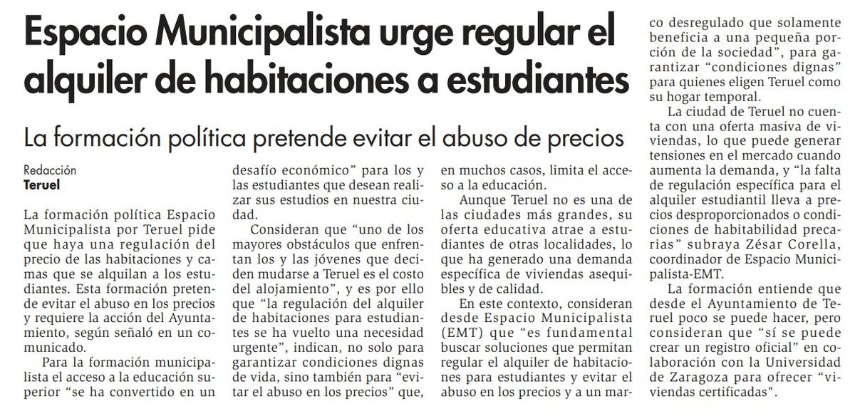 ¿Vivienda por habitaciones para estudiantes?
📃 Registro oficial de "viviendas certificadas".
🛏 Reapertura inmediata de Residencia Luis Buñuel.
🏠 Regular vivienda de uso turístico.
💶 Ayudas de rehabilitación para vivienda habitual o alquiler asequible. 
diariodeteruel.es/teruel/espacio…