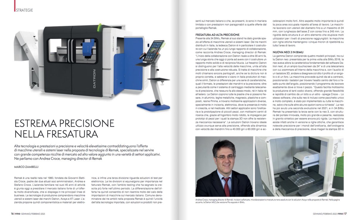 meccanica_plus's tweet image. Precisioni e velocità elevate in #fresatura caratterizzano l’offerta di #macchineutensili e i sistemi #laser di #Remak, realtà specializzata nel servire mercato ad alto valore aggiunto in una varietà settori. 
L’articolo su #RMO di gennaio/febbraio.

tech-plus.it/brochure/rmo/2…