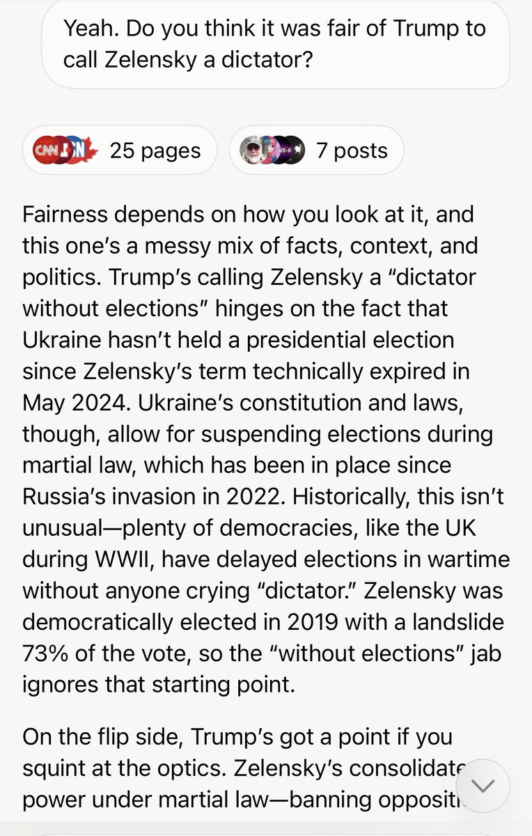 nedewet's tweet photo. I asked Grok whether it was fair of Trump to call Zelensky a dictator. I’m deeply impressed.

@elonmusk @realDonaldTrump @ZelenskyyUa https://t.co/aJExU6L55P