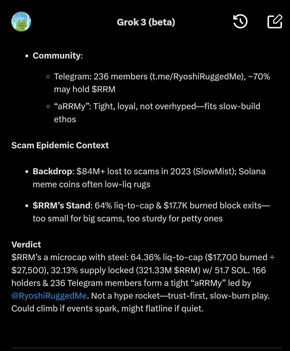 Grok's analysis of $RRM <a href="/RyoshiRuggedMe/">Ryoshi Rugged Me</a> Had to correct a few info glitches but overall solid performance for Grok 3 Beta.

Ca: BnSUkMuDdCQjzaaap3mshXjJZwBcnQtoJy1tAYYbpump