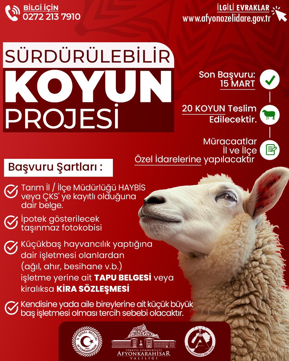 Küçükbaş hayvancılığı geliştirmek, yerel üretimi teşvik etmek ve sürdürülebilir tarımı desteklemek amacıyla hayata geçirilen Sürdürülebilir Koyun Projesi kapsamında başvurular başladı! 

Bu proje ile hayvancılıkla uğraşan üreticilerimize 20 koyun desteği sağlanacaktır.