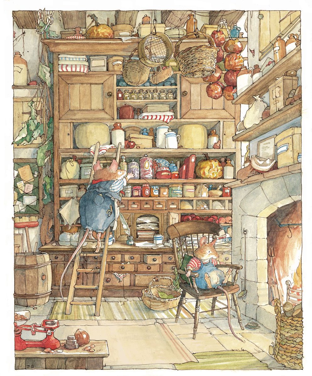 At this time of year the mice of Brambly Hedge visit the Store Stump to gather ingredients that have been smoked, pickled, and preserved from last year’s harvest.