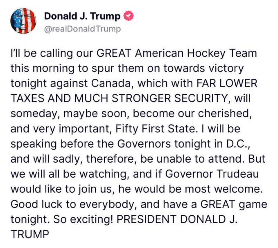 bennyjohnson's tweet photo. 🚨President Trump says he will be calling the USA hockey team ahead of their game against Canada tonight: https://t.co/lq0lYBJoxJ