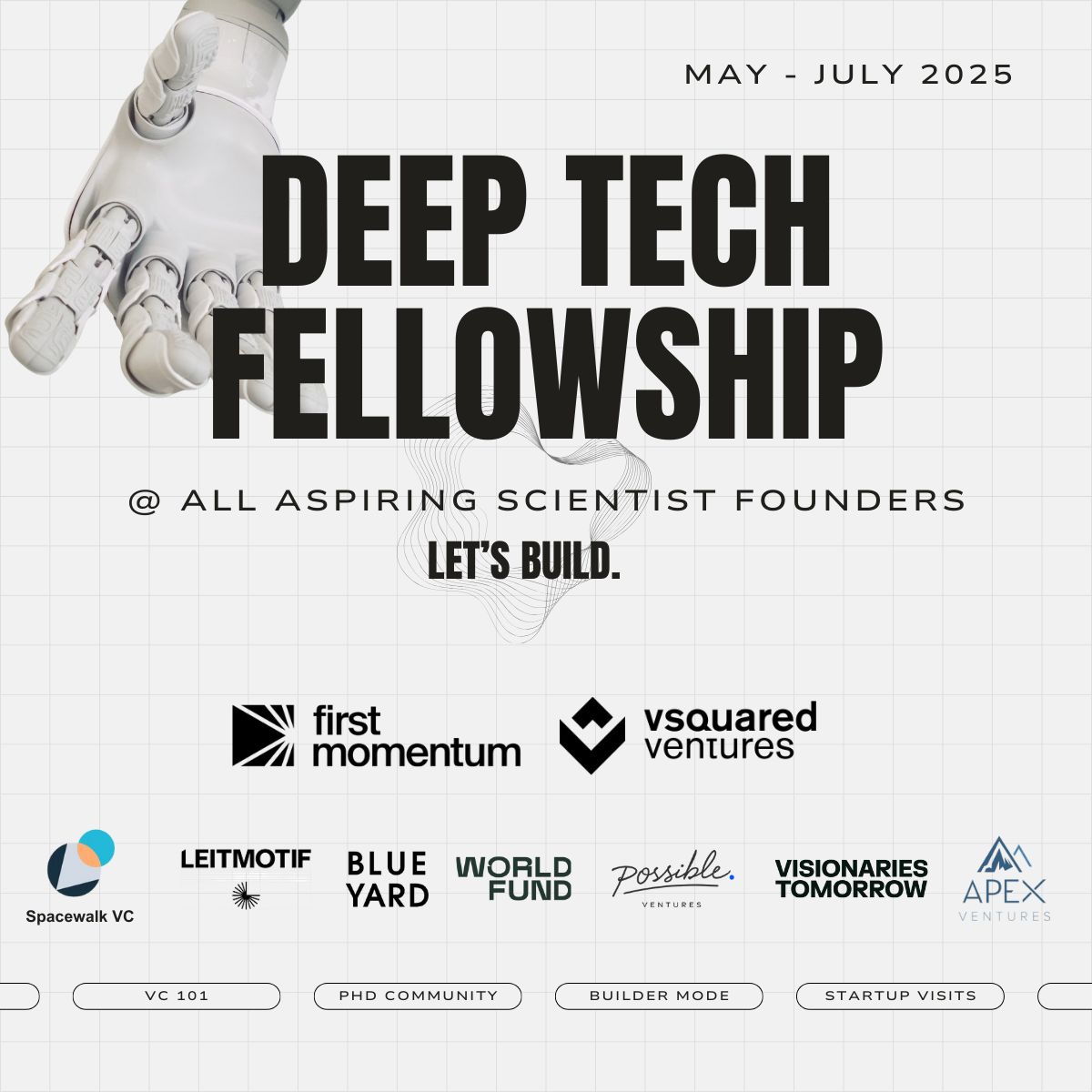 🔬 Exciting News for technical PhDs in #Munich and around! 🔬
9 Deep Tech VCs - 9 Fellows - 1 Initiative!

Are you a PhD student considering building a startup or joining a VC but want more insights into the VC/Founder ecosystem? This unique initiative matches 9 selected Fellows