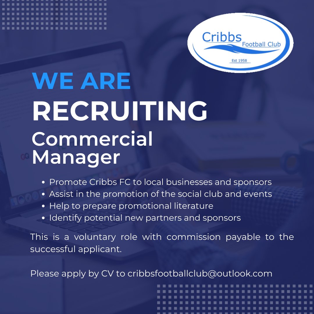 📍𝐂𝐨𝐦𝐦𝐞𝐫𝐜𝐢𝐚𝐥 𝐌𝐚𝐧𝐚𝐠𝐞𝐫 𝐖𝐚𝐧𝐭𝐞𝐝📍

Do you have a passion for sales and football?

Why not combine the two by helping your local football club grow.

Our club is run by volunteers. However, for this role, we are offering commission to the successful applicant.