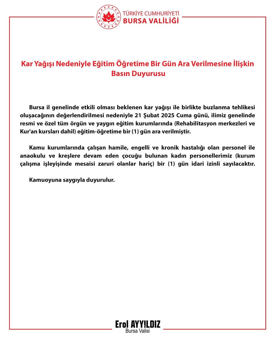 Kar Yağışı Nedeniyle Eğitim Öğretime 1 (bir) Gün Ara Verilmesine İlişkin Basın Duyurusu.