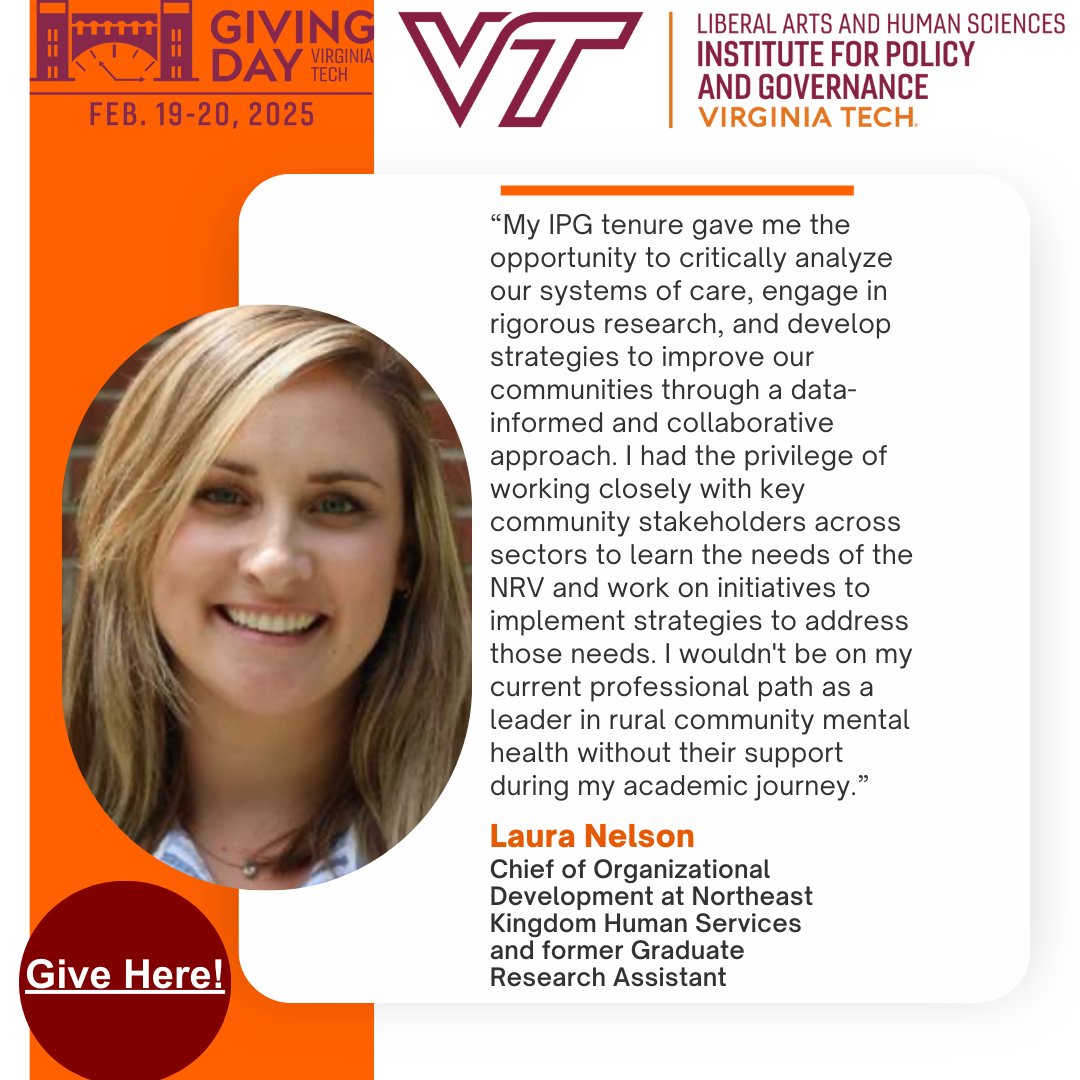 Hear from alumni Laura Nelson on how her time at IPG  as a graduate assistant helped prepare her for her role as the Chief of Organizational Development at Northeast Kingdom Human Services in Vermont! 

Give to support the next Laura Nelson here: givingday.vt.edu/giving-day/940…