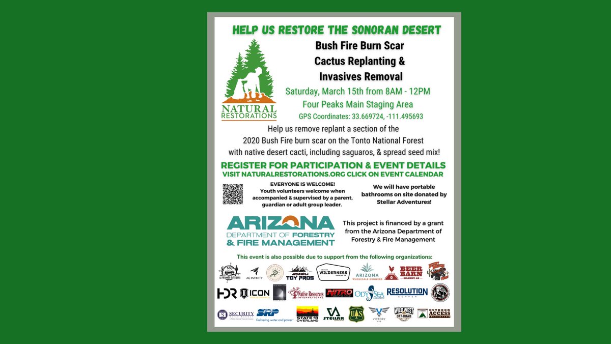 Help Us Restore the Sonoran Desert! Join us on 3/15 from 8am-12pm for a Bush Fire Burn Scar Cactus Replanting &amp; Invasives Removal at Four Peaks on the <a href="/TontoForest/">Tonto National Forest</a>. Details &amp; Registration: eventbrite.com/e/125380427533…