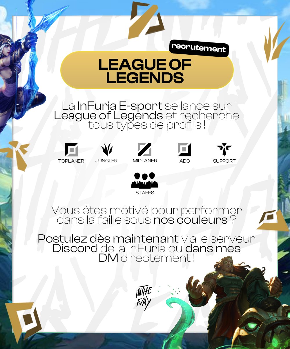 🔥La <a href="/InFuria_Esport/">InFuria E-sport</a> recrute sa future lineup Mastercard Nexus Tour LOL ! 

🎯 Profils recherchés :
- Joueurs Master+ : sérieux et ambitieux
- Coach (Master+) : stratégie, cohésion et progression
- Manager : gestion et organisation

📩 DM pour tenter l'aventure !
<a href="/LoL_LFT_Fr/">LoL LFT Fr</a>