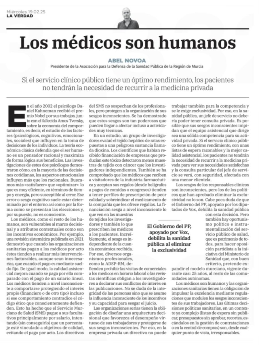 Al hilo del debate sobre incompatibilidades, jefes de servicio, prohibiciones y limitaciones de derechos:
“No se duda de la integridad de  las personas sino que se asume la influencia inconsciente de los incentivos y su capacidad para sesgar el juicio” <a href="/AbelNovoa/">Abel Novoa</a>