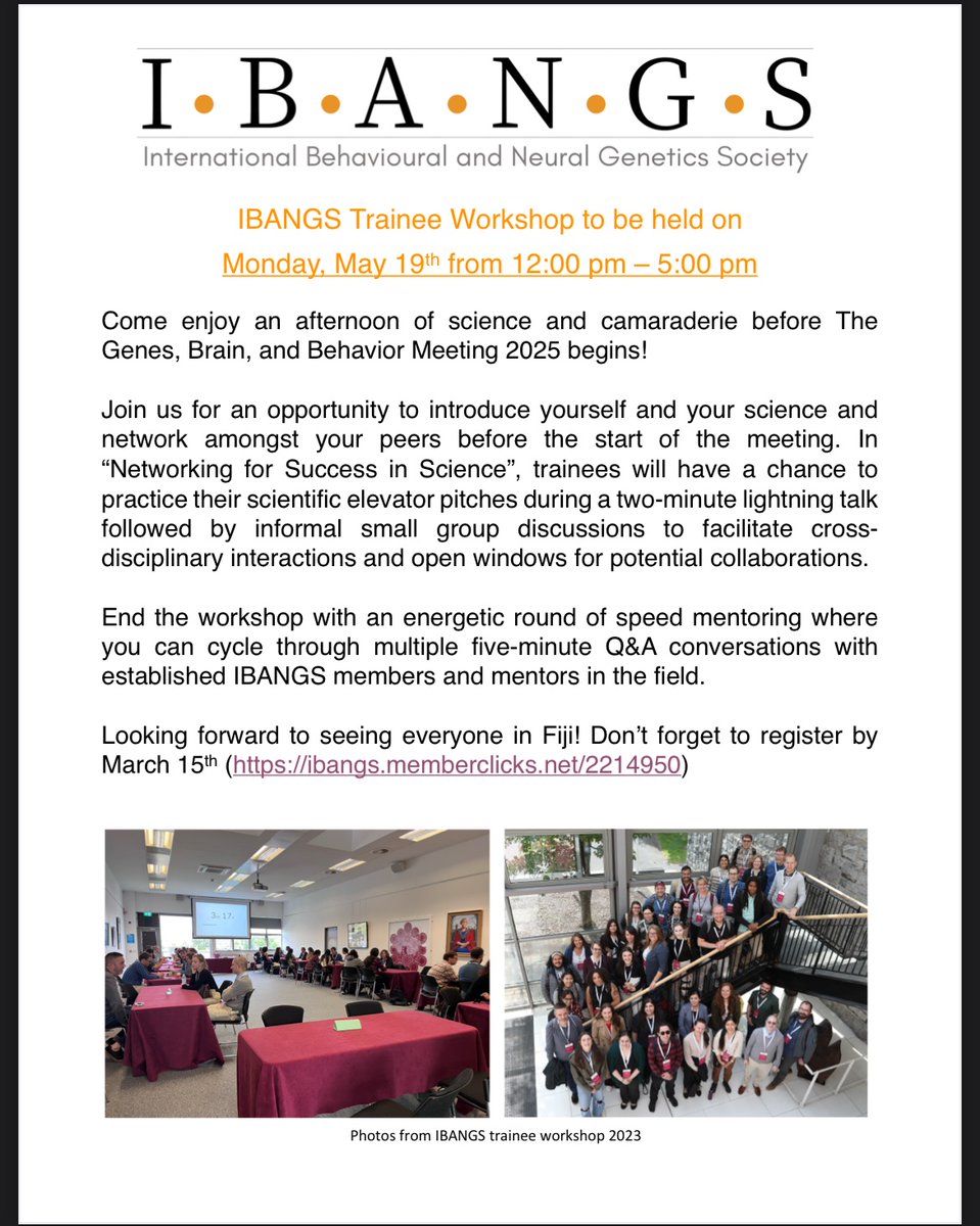I.B.A.N.G.S (@ibangstweets) on Twitter photo IBANGS Trainee Workshop to be held on Monday, May 19th.  Come enjoy an afternoon of science and camaraderie before The Genes, Brain, and Behavior Meeting 2025 begins! Meeting details: ibangs.org/genes-brain-an⌠IBANGS Trainee Workshop to be held on Monday, May 19th.  Come enjoy an afternoon of science and camaraderie before The Genes, Brain, and Behavior Meeting 2025 begins! Meeting details: ibangs.org/genes-brain-anâŚ