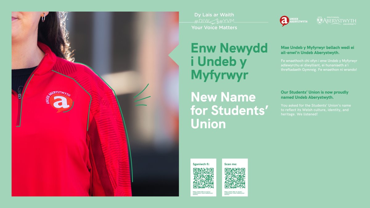 Enw Newydd i Undeb y Myfyrwyr
Mae Undeb y Myfyrwyr bellach wedi ei ail- enwi'n Undeb Aberystwyth.
#DLW