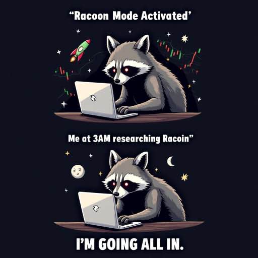 RACCONCOIN's tweet photo. Me at 3AM: Just gonna check out Racoin real quick...💰Also me 10 minutes later: HODLing like a true trash panda 🦝🚀🔥 #Racoin #ToTheMoon #CryptoMeme https://t.co/NhgC15bTA3
