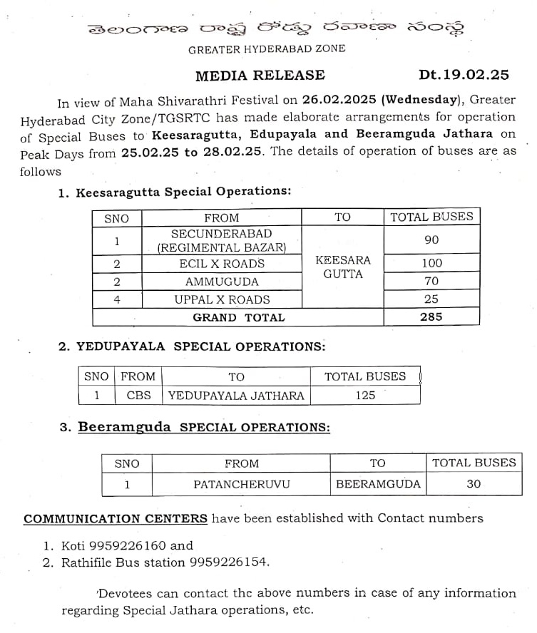 మహాశివరాత్రి పర్వదినం సందర్బంగా భక్తుల సౌకర్యార్థం #Hyderabad లోని పలు ప్రాంతాల నుంచి కీసరగుట్ట, ఏడుపాయల, బీరంగూడ, తదితర శైవ క్షేత్రాలకు ప్రత్యేక బస్సులను #TGSRTC నడుపుతోంది. 

ఈ నెల 25 నుంచి 28వ తేదీ వరకు ఈ స్పెషల్ బస్సులు భక్తులకు అందుబాటులో ఉంటాయి. 

ఈ ప్రత్యేక బస్సులను