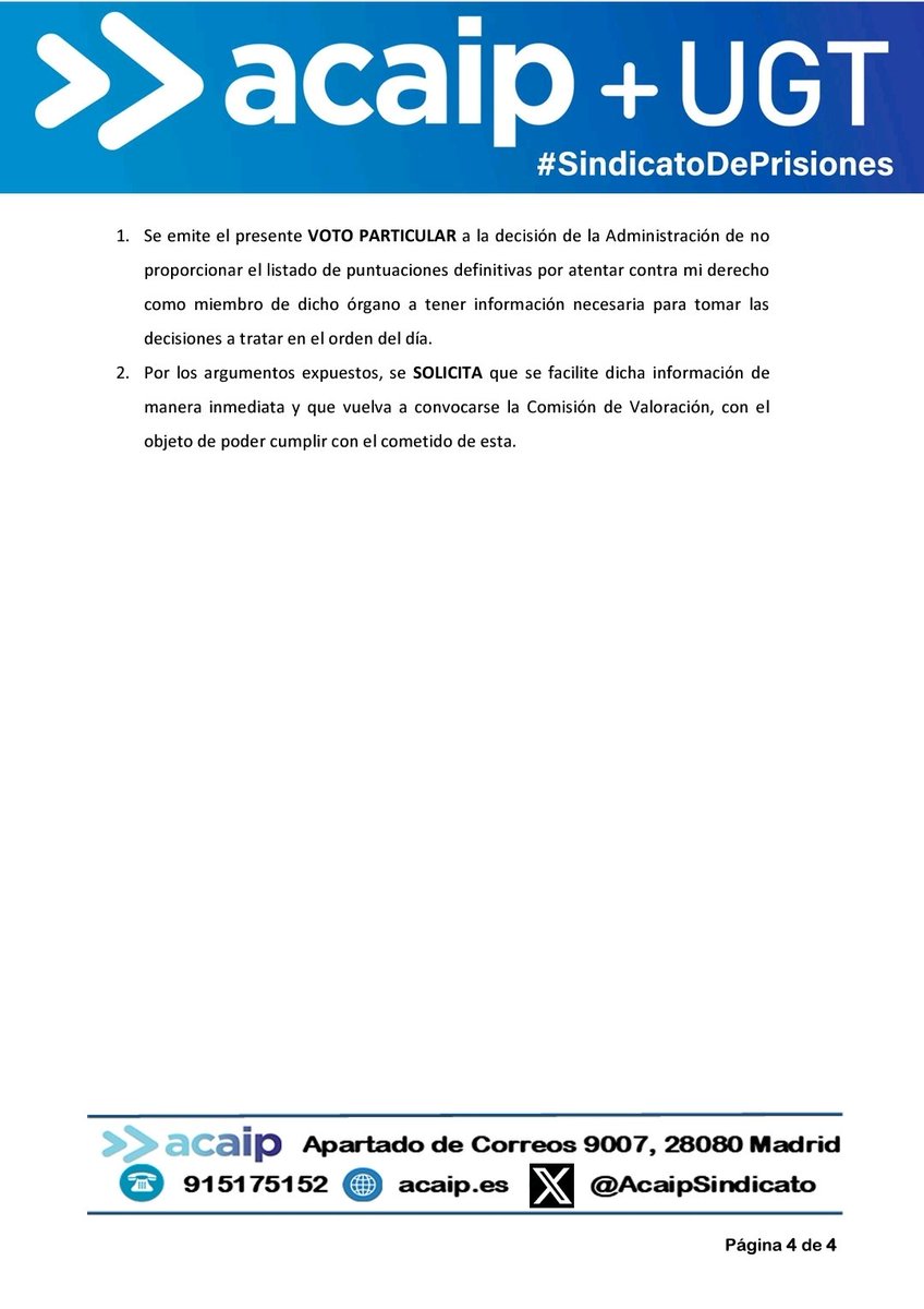 @acaipsindicato presenta VOTO PARTICULAR ante la Comisión valoración Concurso de Traslados