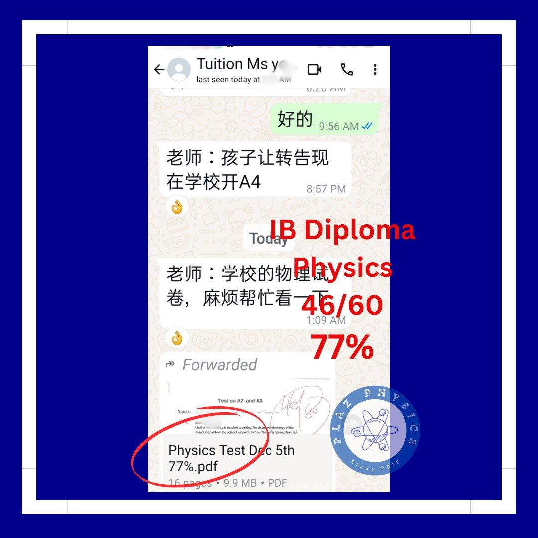 IgcsePlaz's tweet image. 2024 Dec
Result for 1 of student for IB Diploma, Physics.
(Latest syllabus)

Score 77% in school.

❄❄❄
Youtube:
youtube.com/@plazphysics

Past Student result: (FB Link)
shorturl.at/hilWZ

#Physics
#Tuition   #PhysicsTuition
#物理 #补习 
#result #成绩