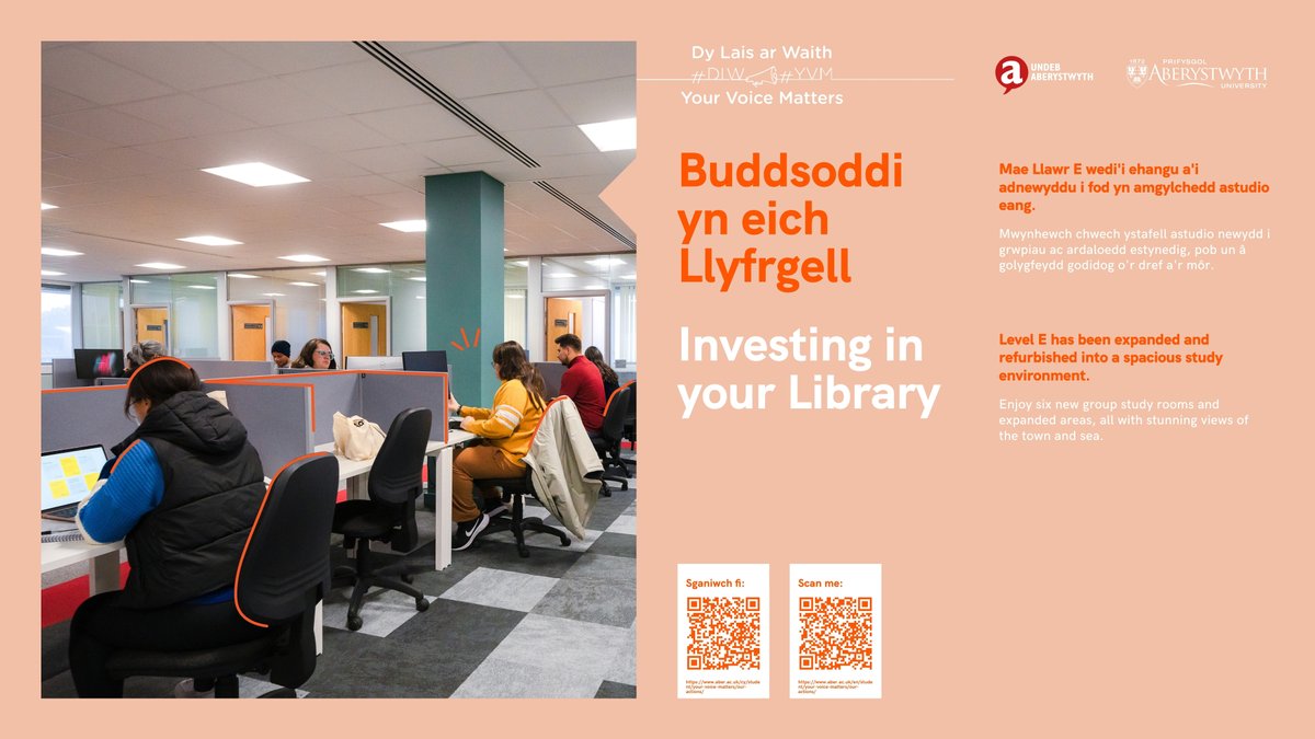 Buddsoddi yn eich Llyfrgell

Mae Llawr E wedi'i ehangu a'i adnewyddu i fod yn amgylchedd astudio eang.
#DLW