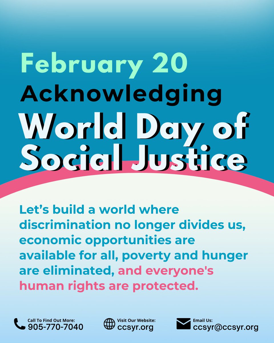 ccsyrorg's tweet photo. On #WorldDayOfSocialJustice, we reaffirm our commitment to a fair, inclusive society. Let's break down barriers, fight poverty, and advocate for human rights for a brighter, more just future!
#ccsyr #EqualityMatters #JusticeForAll https://t.co/qCFYpxfYi7