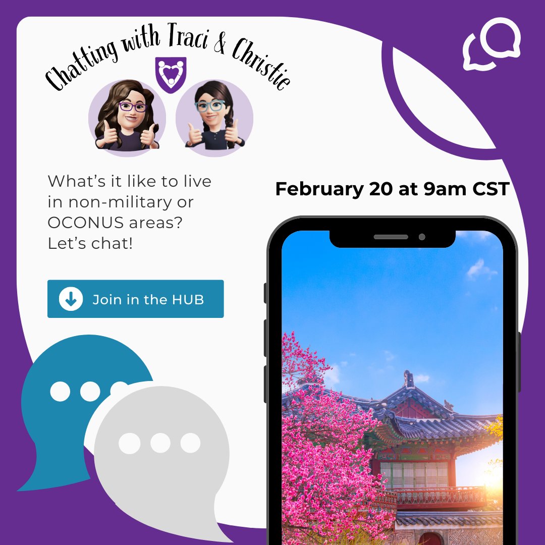 Join Traci &amp; Christie today at 9 AM CST as they chat about what it's like to live in non-military or OCONUS areas!

See you there!: ow.ly/kBP850UK2Fr

#MSANHUB #MilitarySpouse