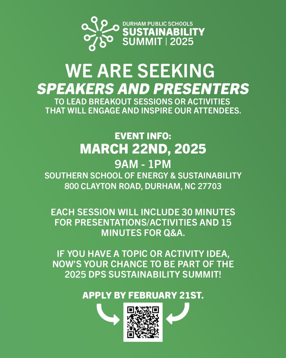 We’re looking for dynamic leaders to host breakout sessions at the 2025 DPS Sustainability Summit! 🌱⚡

🗓 March 22, 2025 | ⏰ 9AM-1PM
📍 Southern School of Energy &amp; Sustainability

Share your expertise! Apply by Feb 21 👉 bit.ly/411PLQj