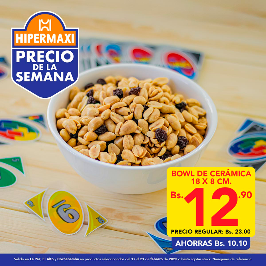 Promoenlinea's tweet photo. HIPERMAXI - Precio de la semana
BOWL DE CERAMICA 18 x 8 CM. Bs. 12,90.-
Hipermaxi, ¡Siempre los precios más bajos!
#Hipermaxi #PrecioDeLaSemana #preciosbajos #supermercado #oferta #descuento https://t.co/OCqsLtH60l