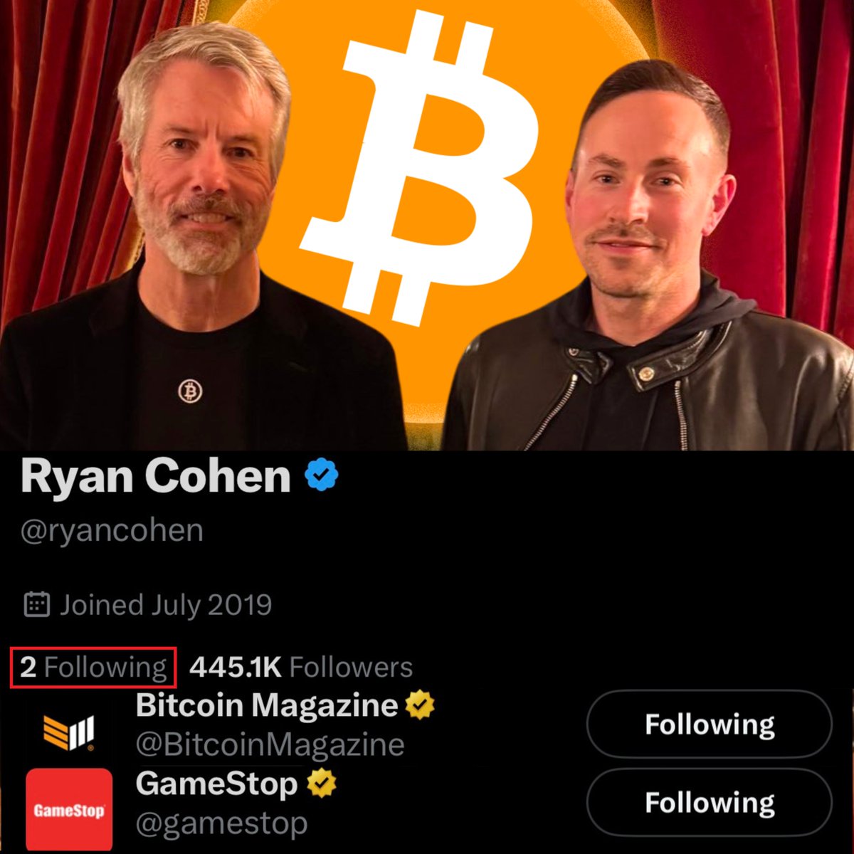 GAMESTOP CEO JUST FOLLOWED BITCOIN MAGAZINE! HE ONLY FOLLOWS TWO ACCOUNTS‼️  Is this a sign? Is he about to convert $4B to #Bitcoin? 👀