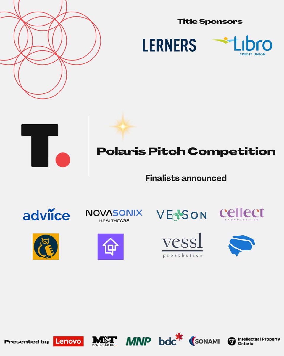 TechAlliance presents 8 Polaris Pitch Competition finalists: adviice, Capita, CELLECT Laboratories, LegalPod, <a href="/novasonix/">Novasonix Healthcare</a>, QuickCasa Lead Management, <a href="/Vessl_Pros/">Vessl Prosthetics</a>, and <a href="/VETSON_ai/">VETSon</a>. Pitching Mar 19 at London Music Hall. Get individual or exhibitor tickets: eventbrite.ca/e/polaris-pitc…