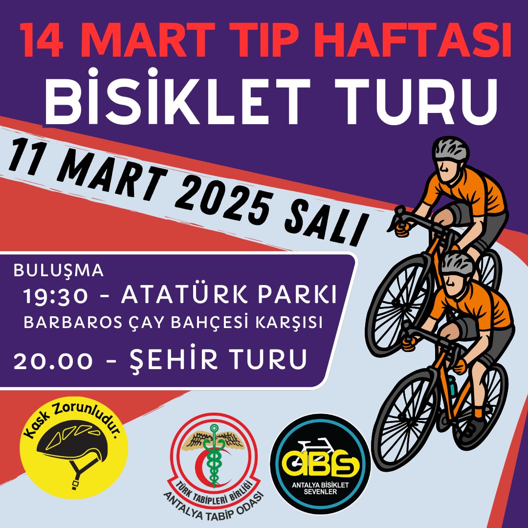 anttabipodasi's tweet photo. Antalya Tabip Odası olarak Antalya Bisiklet Sevenler ile birlikte 14 Mart Tıp Haftası Bisiklet Turu Etkinliği Prof. Dr. Burhan MAYİR kaptanlığında 11 Mart Salı günü saat: 20.00’da yapılacaktır. 
Buluşma: 19.30-Atatürk Parkı ( Barbaros Çay Bahçesi Karşısı)
Hareket: Saat: 20.00 https://t.co/sW0aAUTCWC
