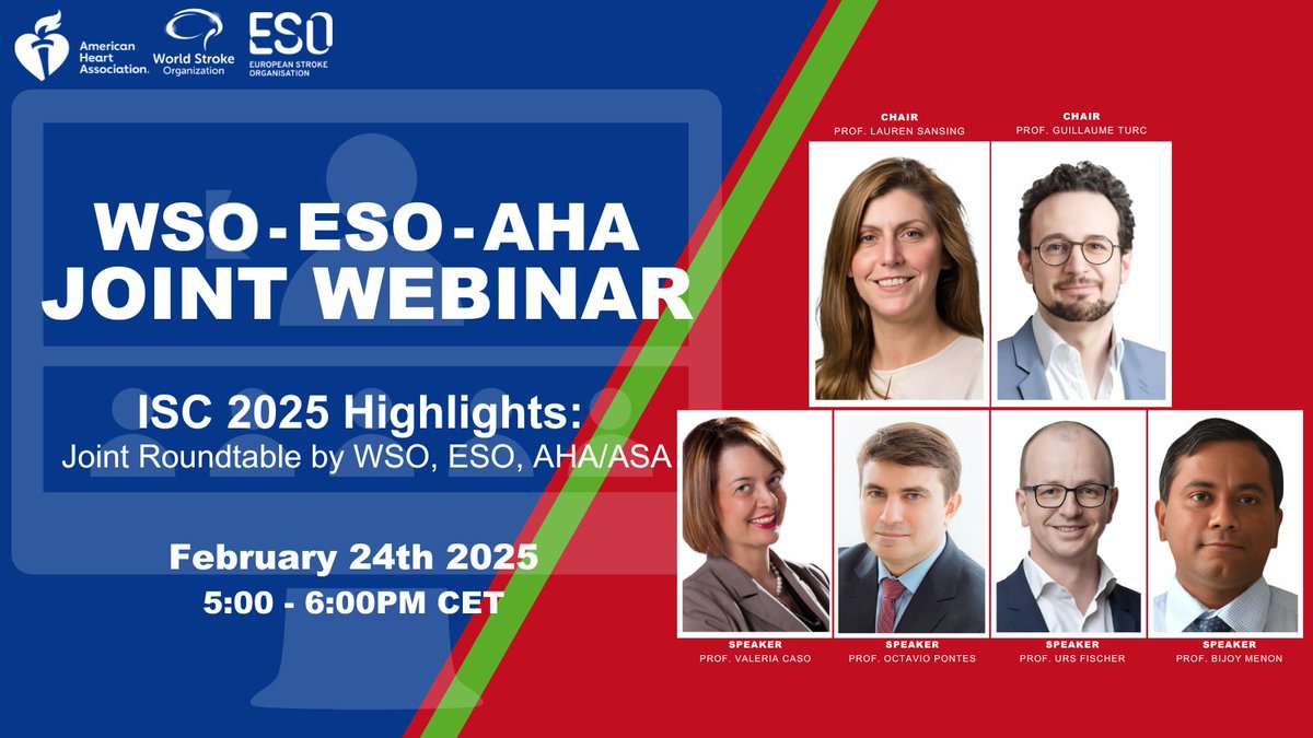 European Stroke Org (@esostroke) on Twitter photo 🚨#ISC2025 Highlights Webinar with <a href="/WorldStrokeOrg/">World Stroke Org</a>, <a href="/StrokeAHA_ASA/">Stroke AHA/ASA</a> and ESO!
📅 Date: 24 February, 17:00 CET
🔗 Secure your spot here: ow.ly/Mzmq50V3iQU
🎙️<a href="/caso_valeria/">valeria caso</a> <a href="/bijoymenon/">Bijoy K Menon</a> <a href="/FishingNeurons/">Urs Martin Fischer</a> <a href="/opontesnetoMD/">Octavio Pontes Neto</a>
#StrokeEducation #stroke #StrokeResearch #stroketwitter 🚨#ISC2025 Highlights Webinar with <a href="/WorldStrokeOrg/">World Stroke Org</a>, <a href="/StrokeAHA_ASA/">Stroke AHA/ASA</a> and ESO!
📅 Date: 24 February, 17:00 CET
🔗 Secure your spot here: ow.ly/Mzmq50V3iQU
🎙️<a href="/caso_valeria/">valeria caso</a> <a href="/bijoymenon/">Bijoy K Menon</a> <a href="/FishingNeurons/">Urs Martin Fischer</a> <a href="/opontesnetoMD/">Octavio Pontes Neto</a>
#StrokeEducation #stroke #StrokeResearch #stroketwitter