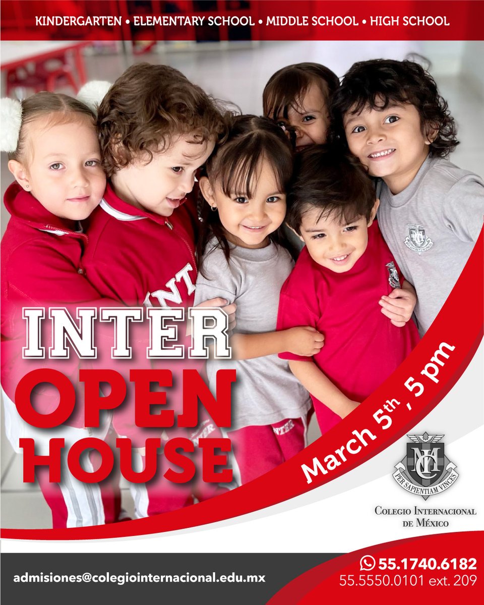 📷 ¡Ven a conocer el Colegio Internacional de México! Ofrecemos un modelo educativo que impulsa el crecimiento académico y personal de nuestros alumnos. ¡Inscripciones abiertas!
📷 colegiointernacional.edu.mx/open-house-reg…
📷 55.5550.0101
📷 55.1740.6182
📷 admisiones@colegiointernacional.edu.mx