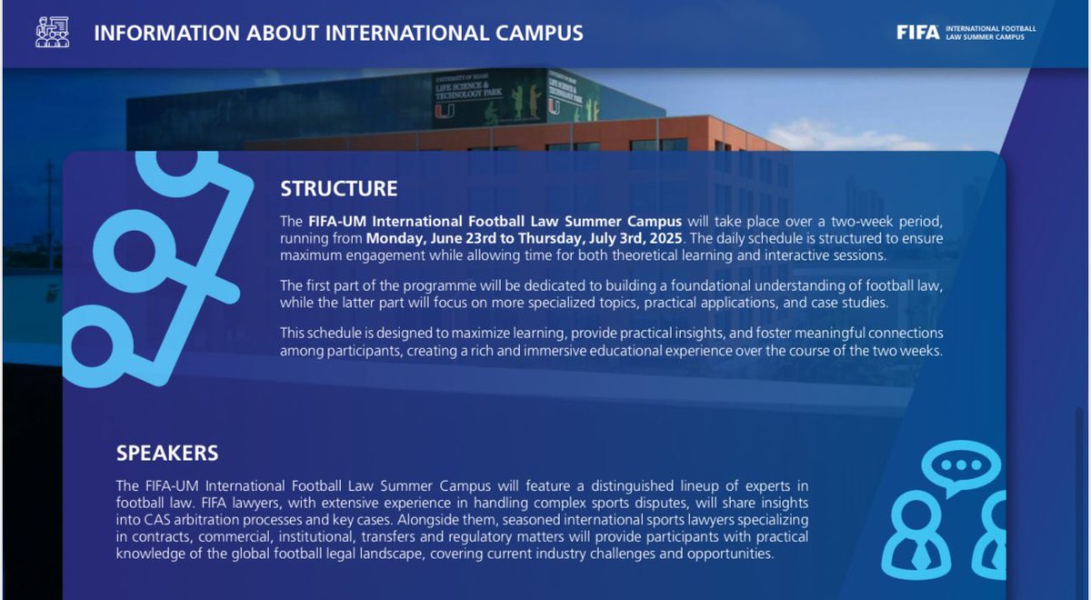 GarciaSilvero's tweet photo. The first edition of a unique FIFA educational program is launched today.

The FIFA-@MiamiLawSchool International Football Law Summer Campus - June 23 to July 3, 2025, Miami, 🇺🇸-.

Applications open until March 31.

Download the flyer &amp; find more info 👇

https://t.co/qbepzWc8Bl https://t.co/MRQFuVcZHh