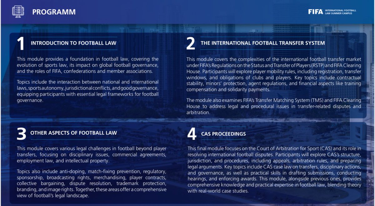 GarciaSilvero's tweet photo. The first edition of a unique FIFA educational program is launched today.

The FIFA-@MiamiLawSchool International Football Law Summer Campus - June 23 to July 3, 2025, Miami, 🇺🇸-.

Applications open until March 31.

Download the flyer &amp; find more info 👇

https://t.co/qbepzWc8Bl https://t.co/MRQFuVcZHh