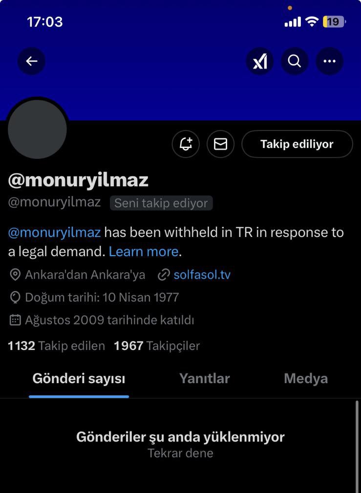 Solfasol Gazetesi Genel Yayın Yönetmeni Mehmet Onur Yılmaz’ın X hesabı, (<a href="/monuryilmaz/">Mehmet Onur Yılmaz</a>) İletişim Başkanlığının kayyum atamaları ile ilgili bir paylaşımı gerekçe gösterdiği talebi doğrultusunda X tarafından Türkiye’den erişime kapatıldı.