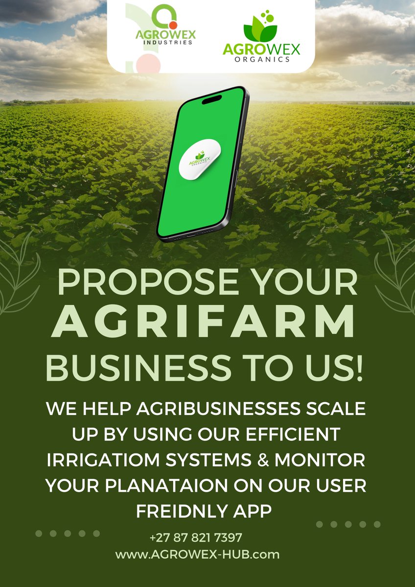 AgrowexI's tweet photo. 🌱 Grow your agribusiness with AGROWEX! 🚜

Optimize irrigation, monitor your farm &amp; boost yields—all on a user-friendly app! 📲🌾

📞 +27 87 821 7397
🌍 https://t.co/ELXCDi4AG2
#SmartFarming #Agribusiness #SustainableFarming #AGROWEX https://t.co/qDyp6ZecNZ
