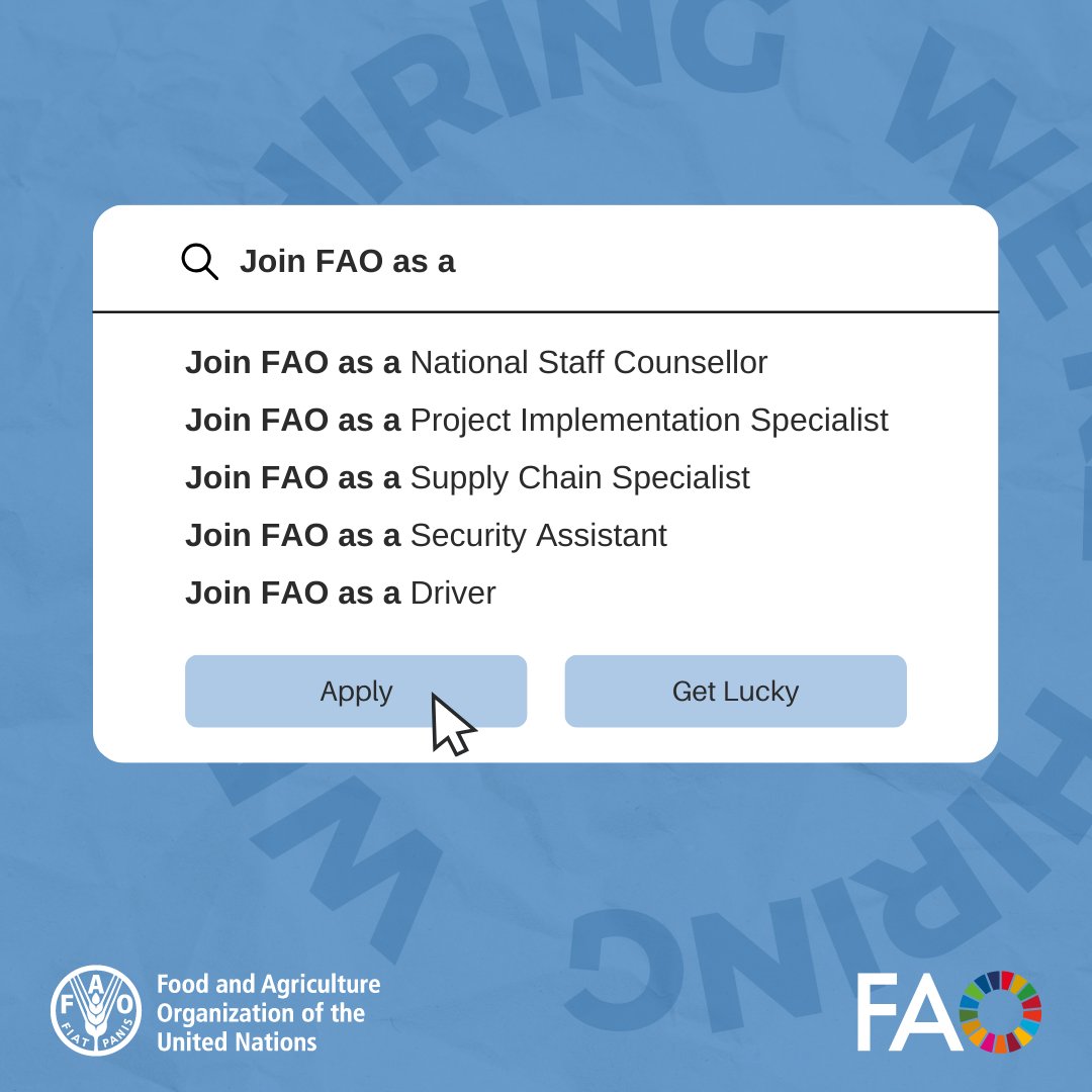 📌 Check out opportunities to join FAO team!

Kyiv:
National Staff Counsellor by 11 Mar
Project Implementation Specialist by 1 Mar
Supply Chain Specialist by 27 Feb
Driver by 26 Feb

Lviv:
Security Assistant by 12 Mar
Driver by 25 Feb

🔗 All details: bit.ly/3LGvUin
